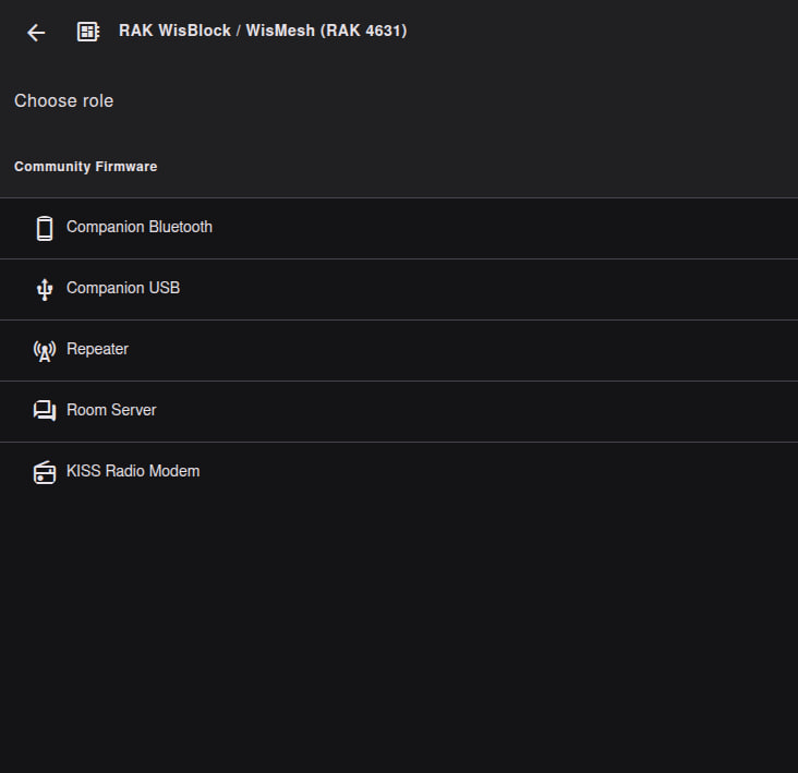 Firmware role selection screen showing Companion Bluetooth, Companion USB, Repeater, Room Server, and KISS Radio Modem options