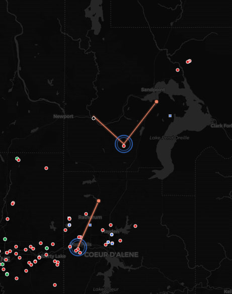 CoreScope live repeater map view showing repeater locations