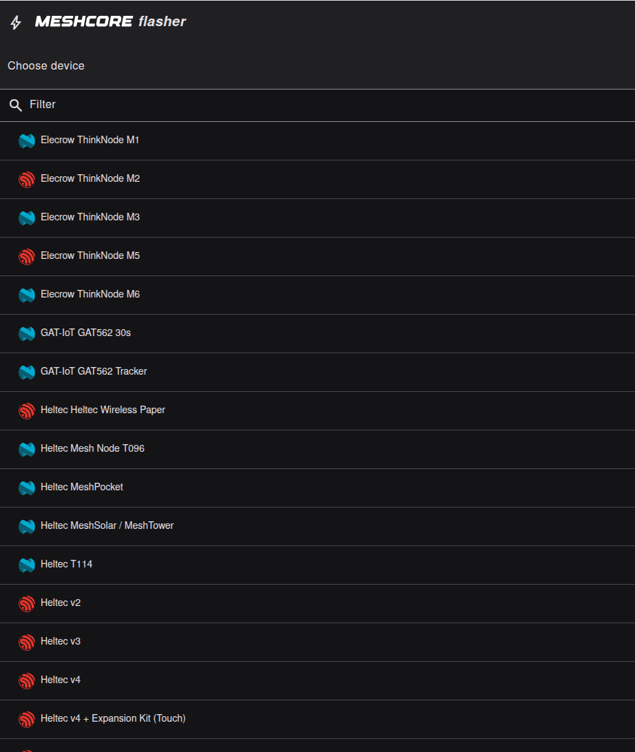 MeshCore Flasher page showing the Choose device list with supported hardware