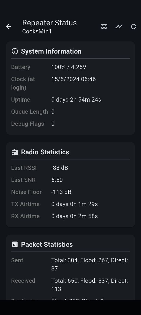 MeshCore app screenshot showing repeater status and connected nodes