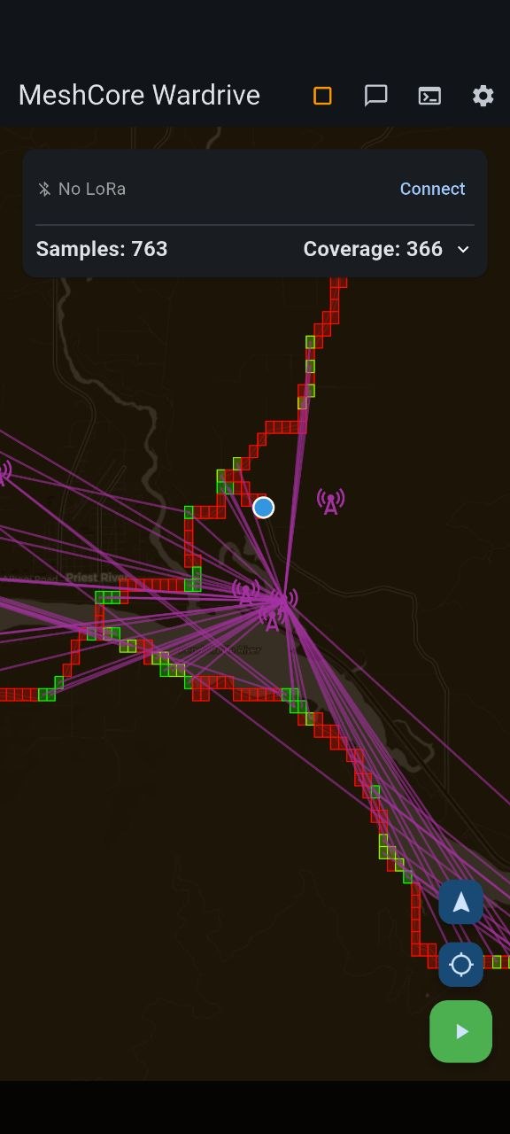 Wardriving app screenshot showing discovered mesh nodes on a map